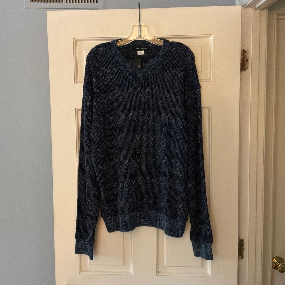Jhane Barnes V-Neck Sweater Blue Chevron Zigzag Knit Italy Designer XL NEW